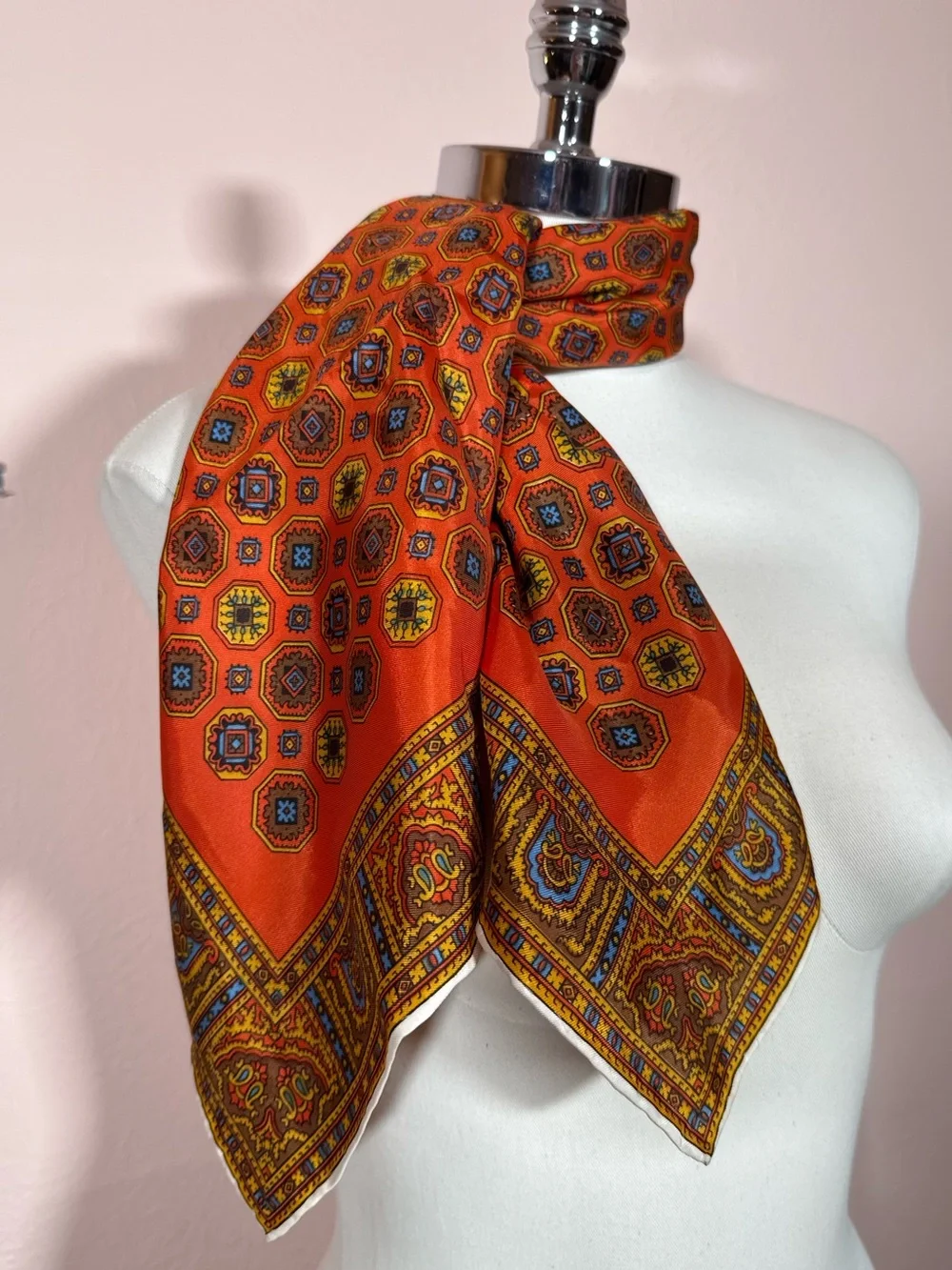 Vintage Art deco burnt orange blue geometric modernist square scarf